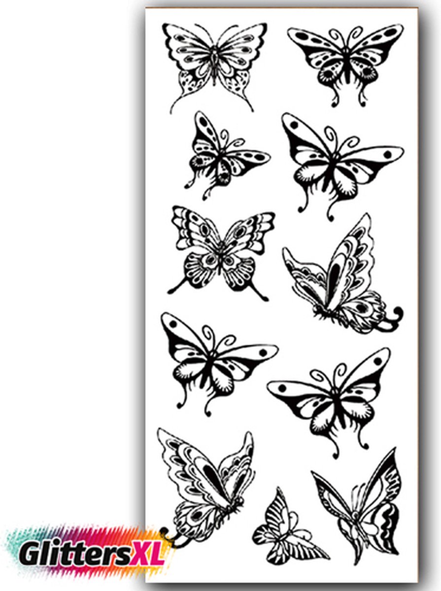 GlittersXL - Temporary Tattoo Vlinders (19x9 cm) [Neptattoo - Tijdelijke tatoeage - Nep Fake Tattoos - Water overdraagbare festival sticker henna outfit tattoo - Glitter tattoo - Volwassenen Kinderen Jongen Meisje]